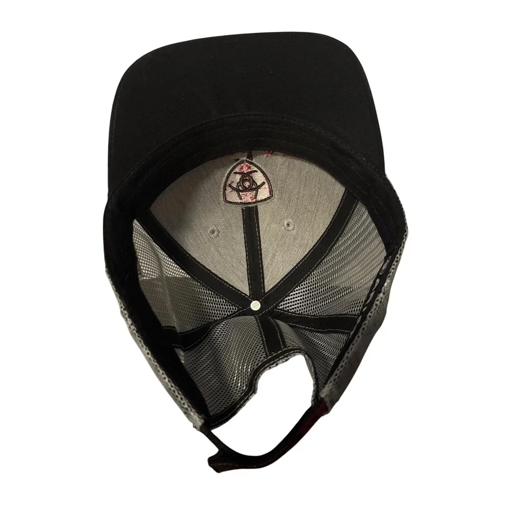 Ariat Mens Black Grey Mesh Back‎ Trucker Hat Red Logo Embroidered Adjustable Cap